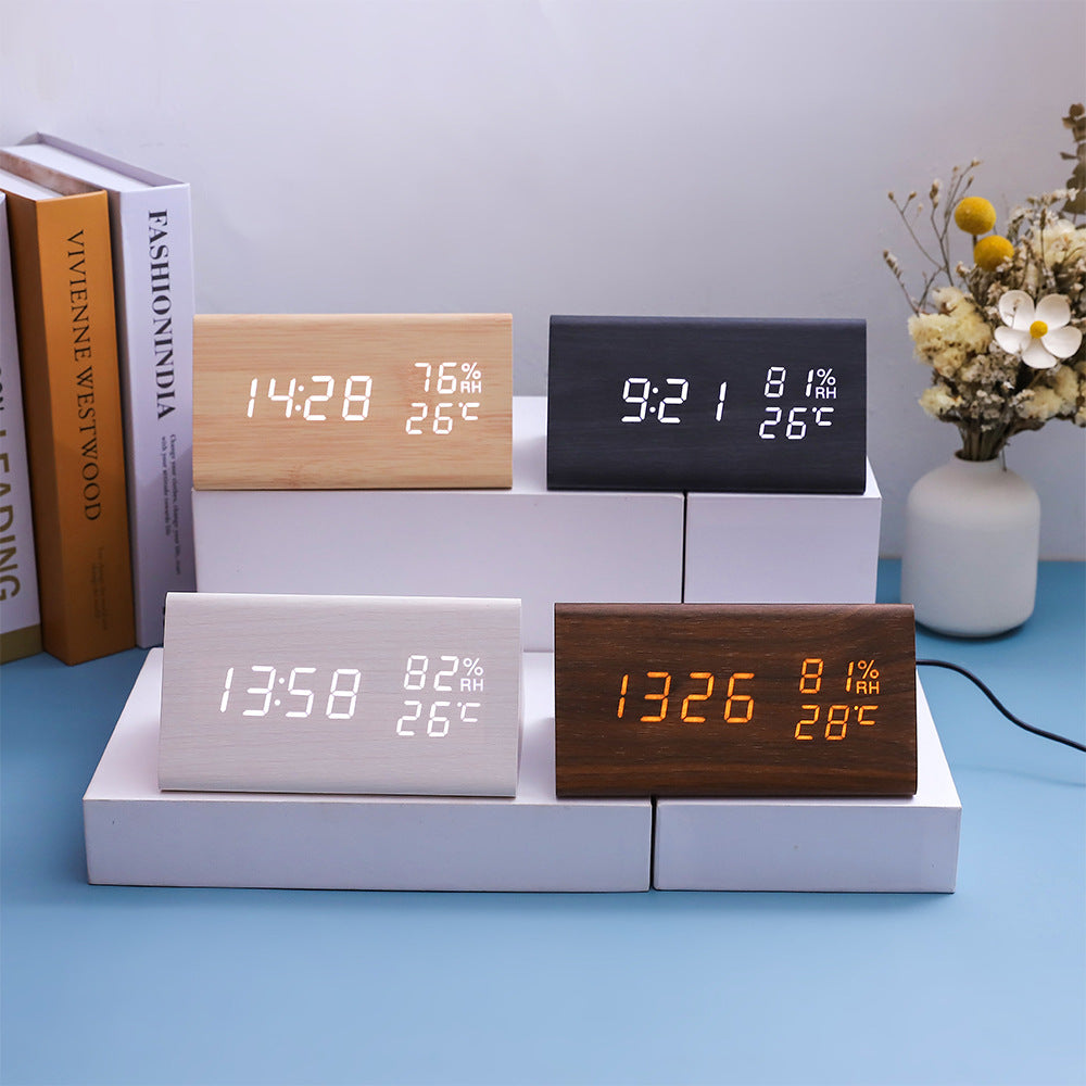 Electronic Alarm Clock Multifunctional Digital Display Temperature And Humidity Time Wood