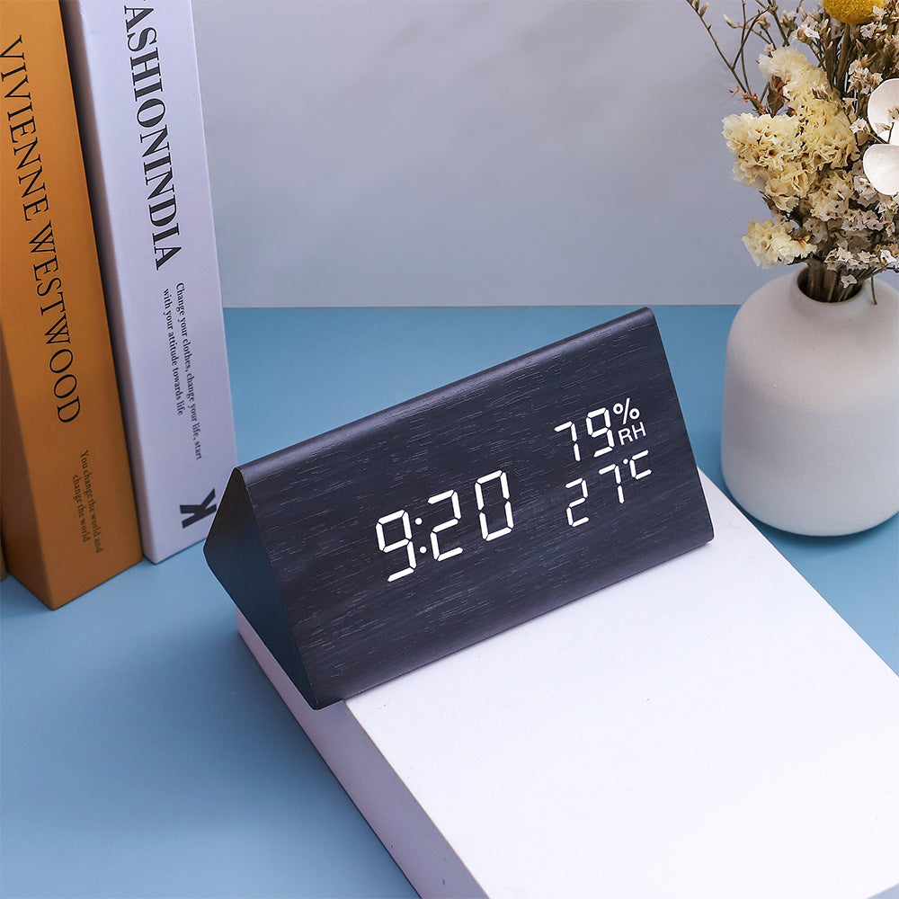 Electronic Alarm Clock Multifunctional Digital Display Temperature And Humidity Time Wood